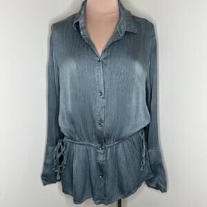 Beau Jours Blouson Top XL Womens Gray Long Sleeve Button Up Cinched Waist Tunic